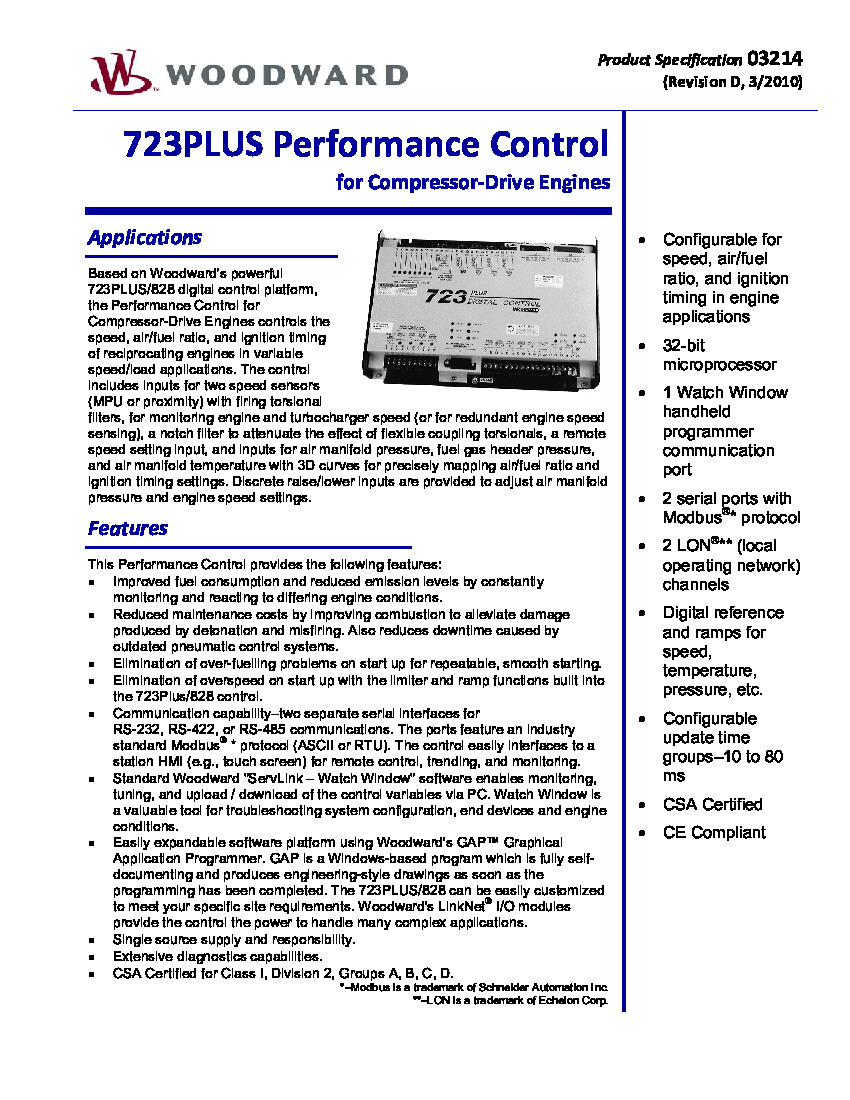 First Page Image of 8230-3012 Woodward 723PLUS Performance Control for Compressor Drive Engines 03214.pdf